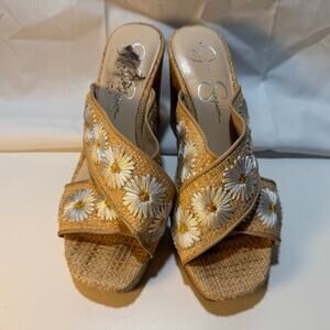 Womens Jessica Simpson Size 6.5 EU 37 Tan Cork Daisy Wedges Slip On JS-Seena A2
